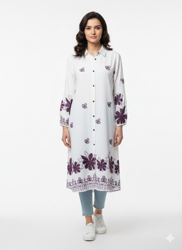 Fs44 1008 White Tunic Shirt Dress with Purple Floral Embroidery - Button Front
