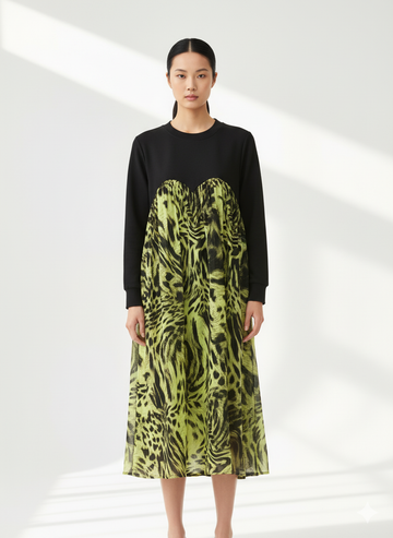 Fs44 1013 Animal Print Contrast Sweatshirt Dress with Chiffon Skirt