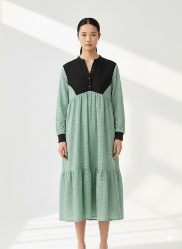Fs44 1016 Black and Mint Green Tiered Eyelet Midi Dress