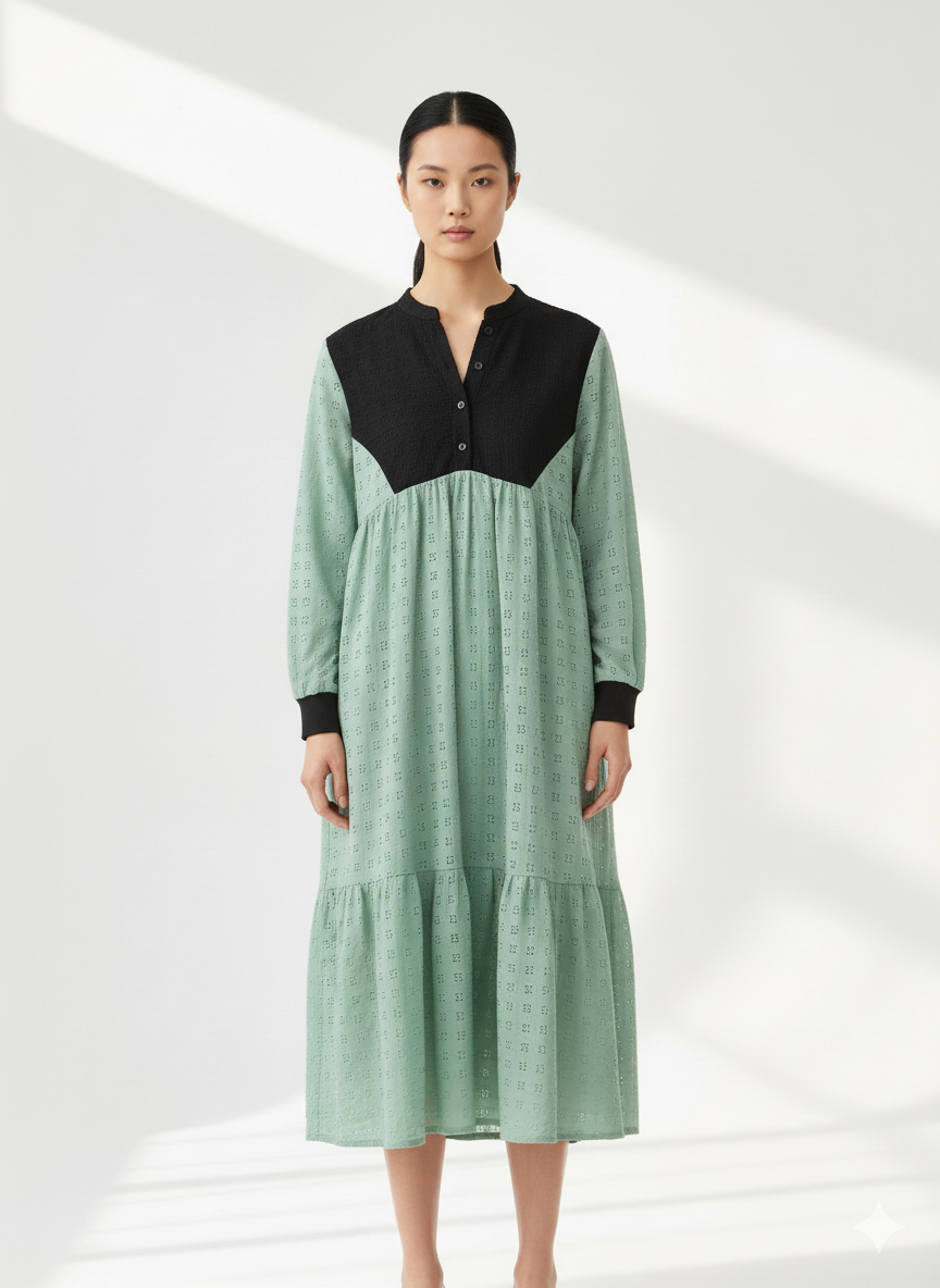 Fs44 1016 Black and Mint Green Tiered Eyelet Midi Dress