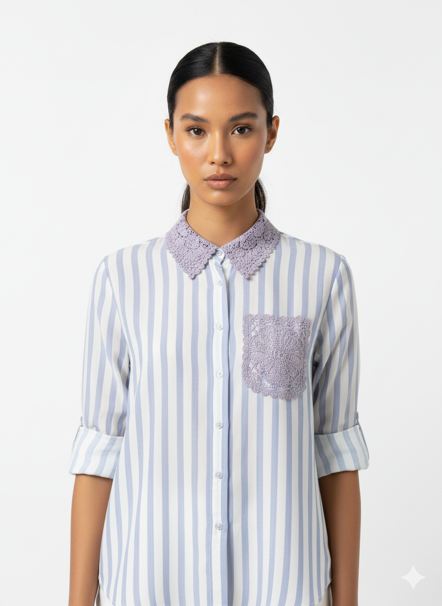 Fs44 1024 Women's Striped Lace-Trim Collar Button-Up Blouse