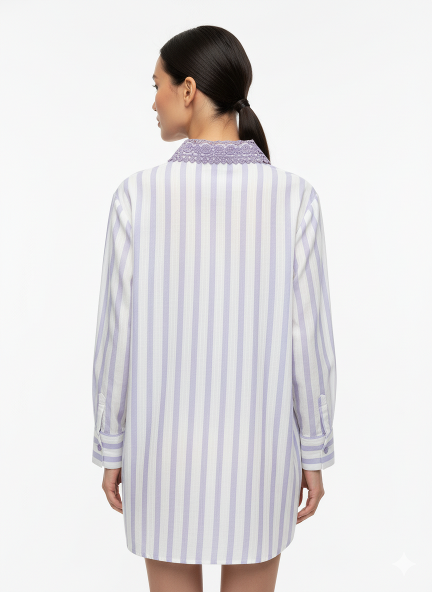 Fs44 1024 Women's Striped Lace-Trim Collar Button-Up Blouse