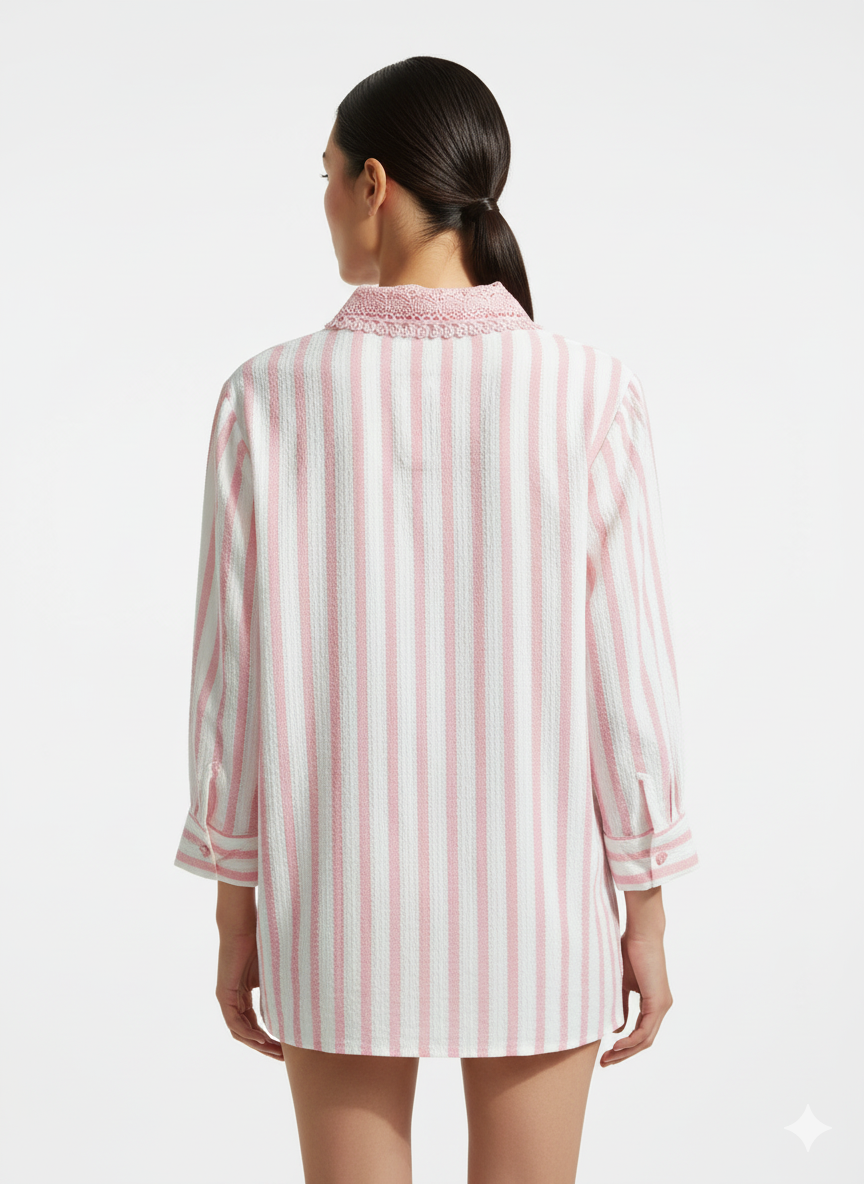 Fs44 1024 Women's Striped Lace-Trim Collar Button-Up Blouse