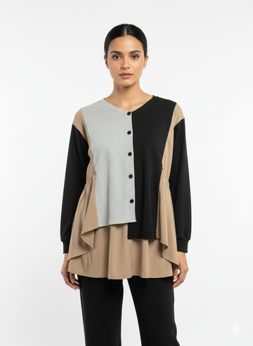 Fs44 1022 Color Block Peplum Hem Button-Front Tunic Top