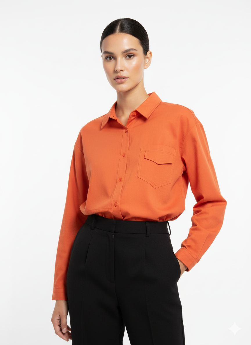 Fs44 1027 Women's Solid Orange Long Sleeve Button-Down Shirt with Pocket