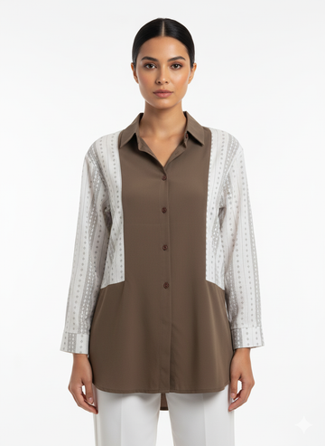 Fs44 1023 Geometric Print Panel Long Sleeve Button-Down Tunic Top