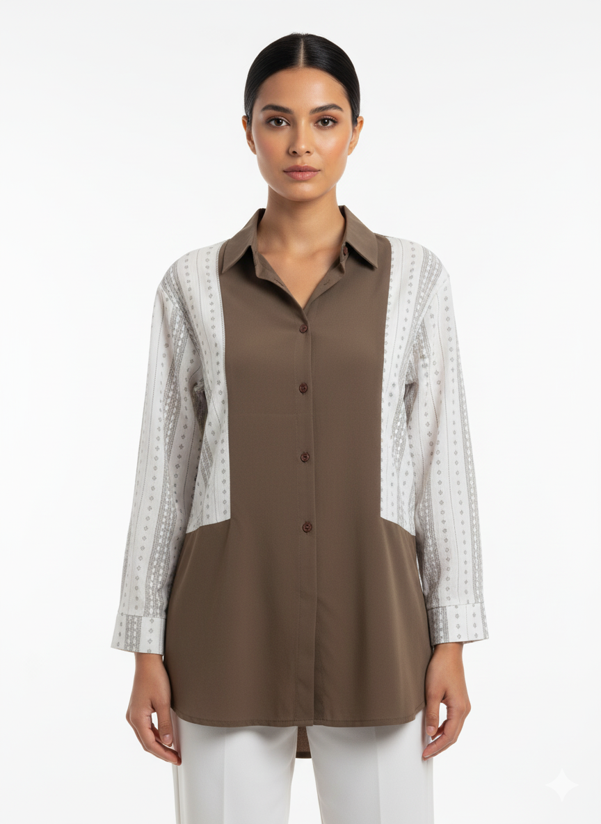 Fs44 1023 Geometric Print Panel Long Sleeve Button-Down Tunic Top
