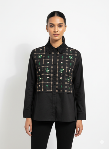 Fs44 10029 Long Sleeve Blouse with Crochet Collar and Floral Embroidery