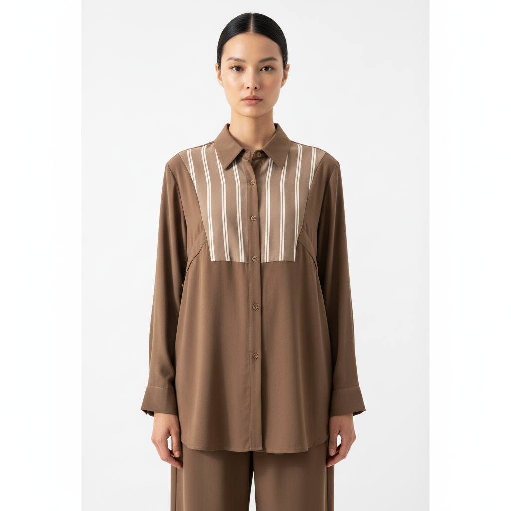 fS44 1030 Women's Mocha Brown Shirt with Striped Geometric Yoke