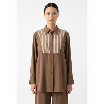 fS44 1030 Women's Mocha Brown Shirt with Striped Geometric Yoke