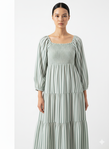 Fs44 1044 Sage Green & White Stripe Long Dress with Shirring Detail