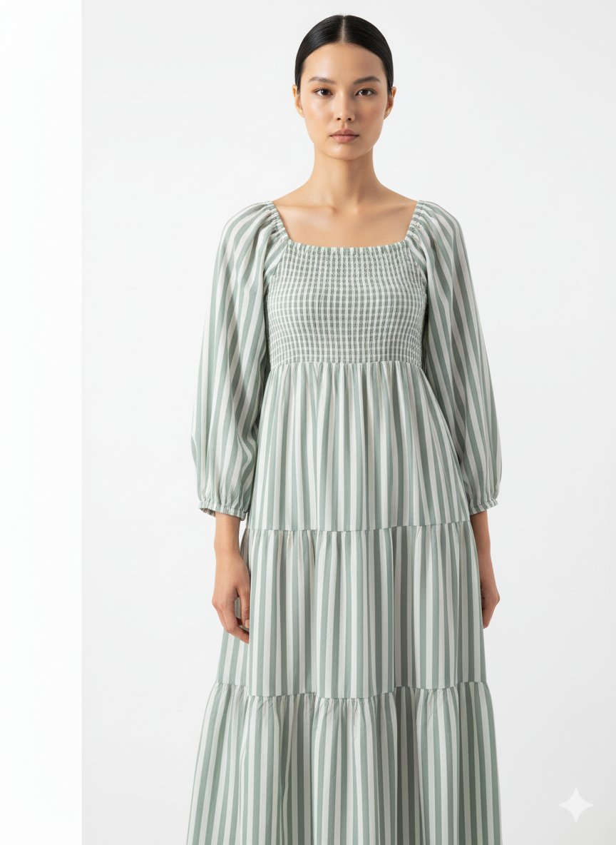 Fs44 1044 Sage Green & White Stripe Long Dress with Shirring Detail