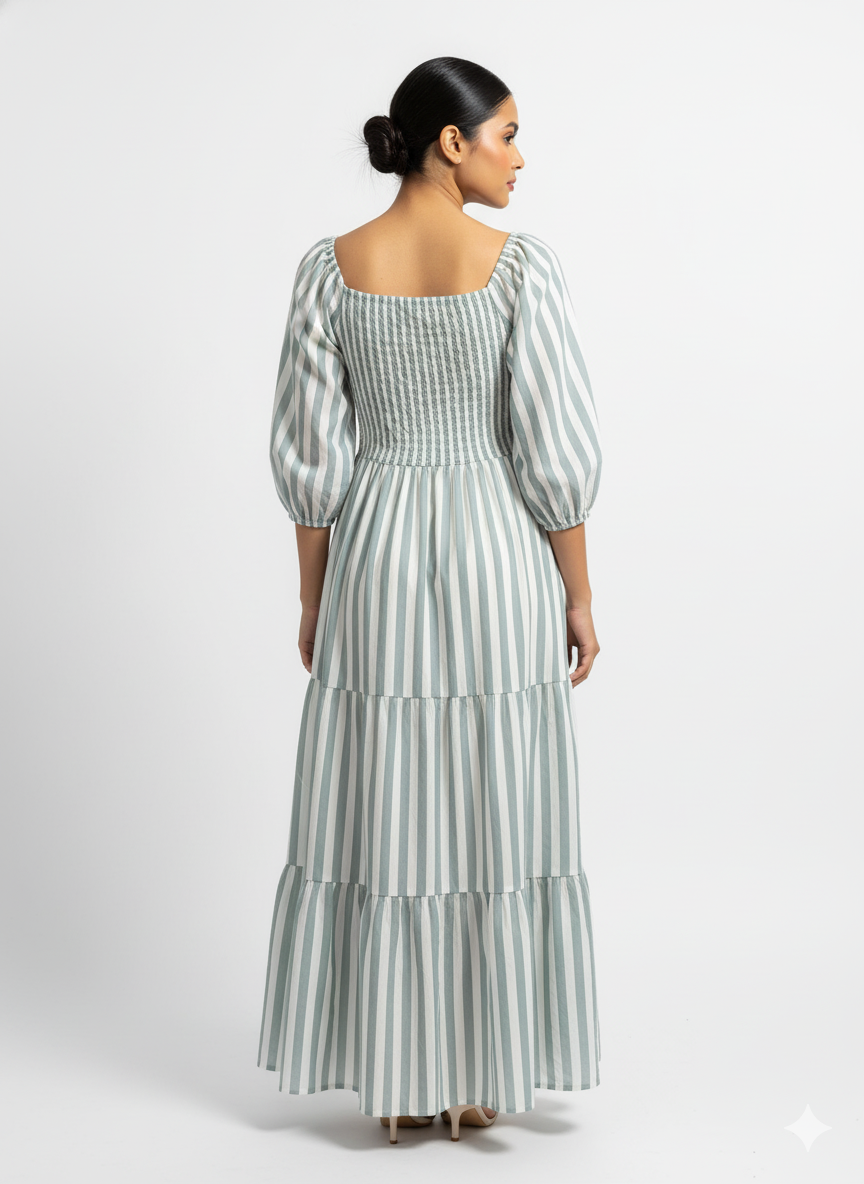 Fs44 1044 Sage Green & White Stripe Long Dress with Shirring Detail