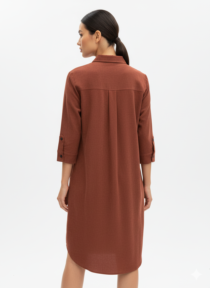 Fs44 1047 Brown Textured Mini Shirt Dress with 3/4 Sleeves and Button Front