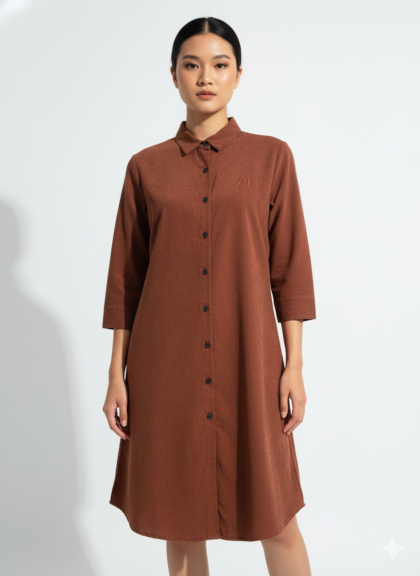 Fs44 1047 Brown Textured Mini Shirt Dress with 3/4 Sleeves and Button Front