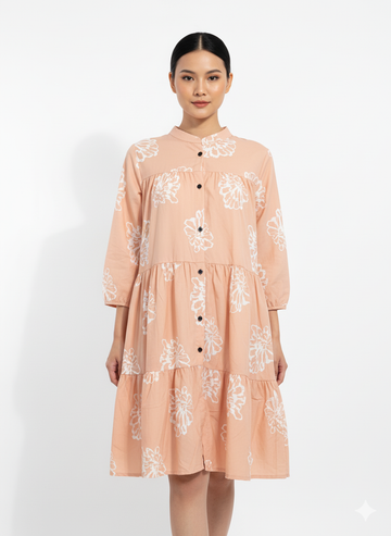 Fs44 1046 Peach Floral Print Tiered Mini Dress with Mandarin Collar
