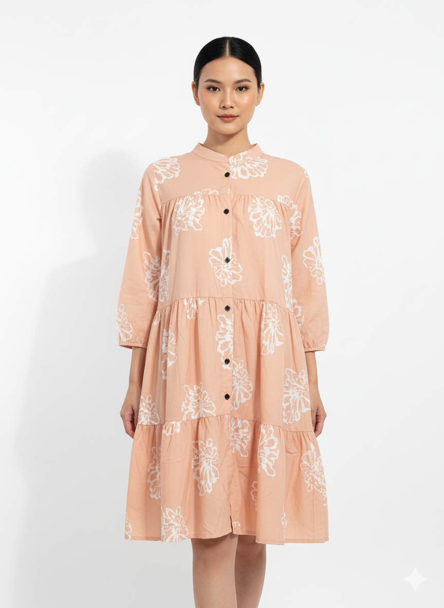 Fs44 1046 Peach Floral Print Tiered Mini Dress with Mandarin Collar