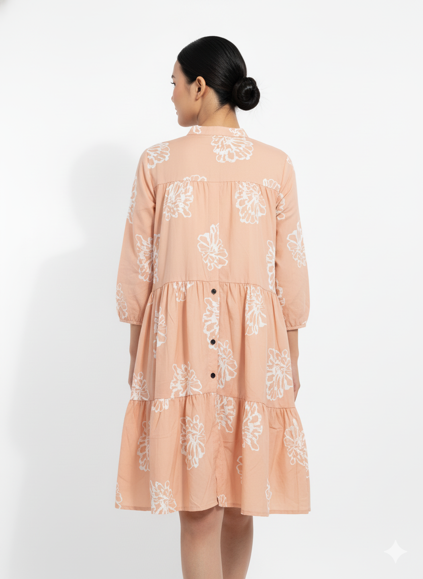 Fs44 1046 Peach Floral Print Tiered Mini Dress with Mandarin Collar