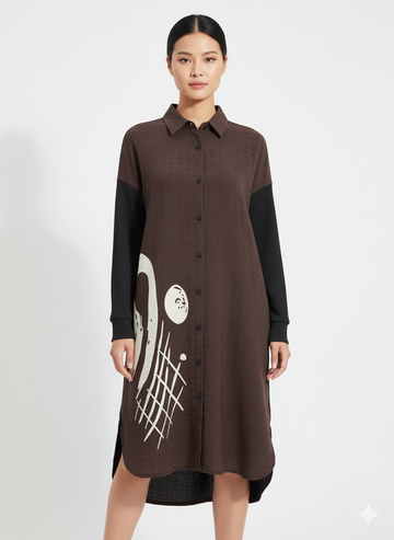 Fs44 1053 Women's Abstract Graphic Print Shirt Dress | Contrast Black Long Sleeves | Button-Down Tunic