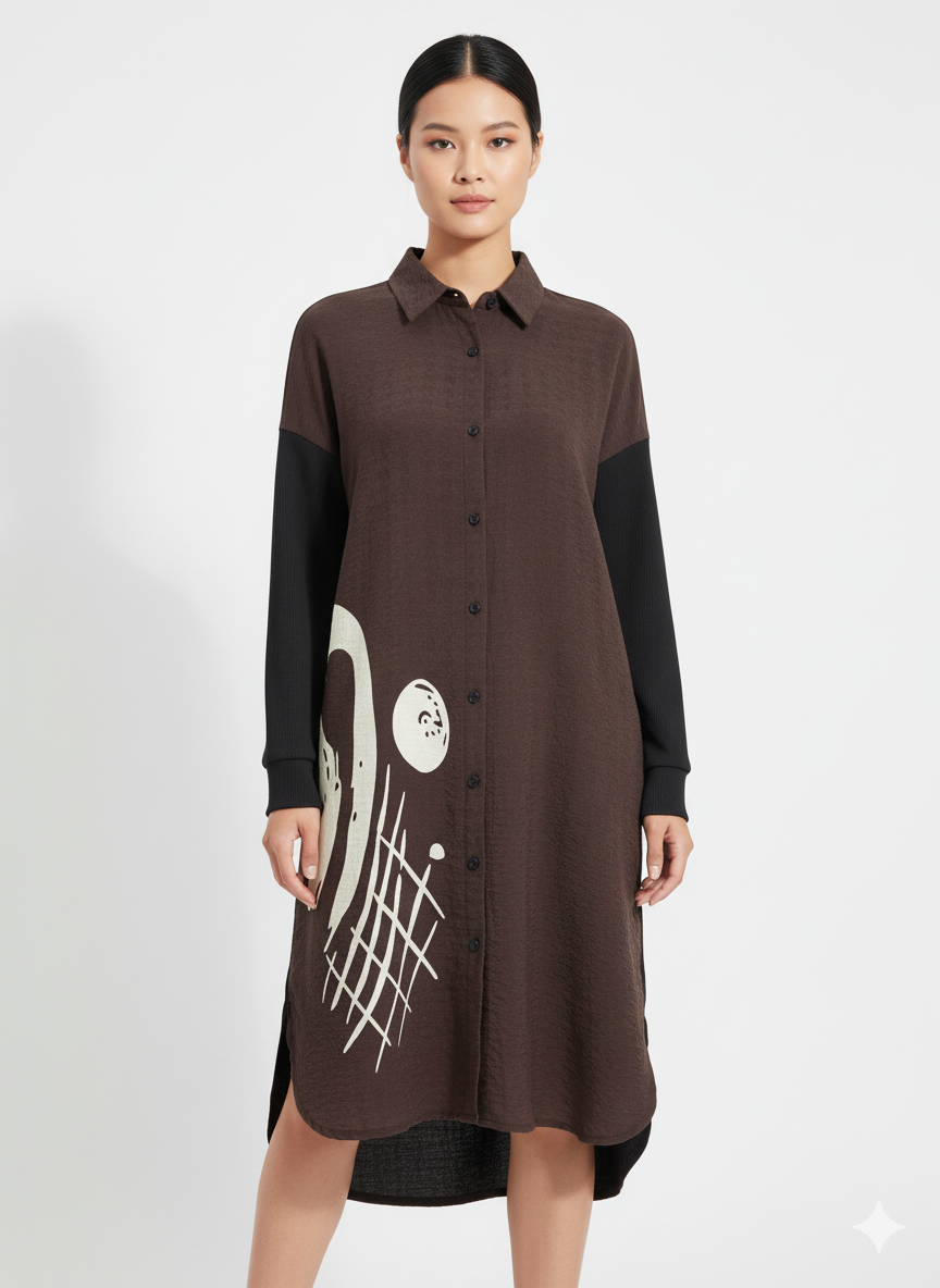 Fs44 1053 Women's Abstract Graphic Print Shirt Dress | Contrast Black Long Sleeves | Button-Down Tunic