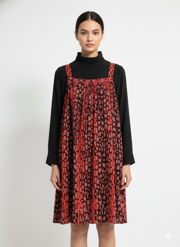 Fs44 1049 Red Leopard Print Pinafore Dress with Square Neck and Wide Straps