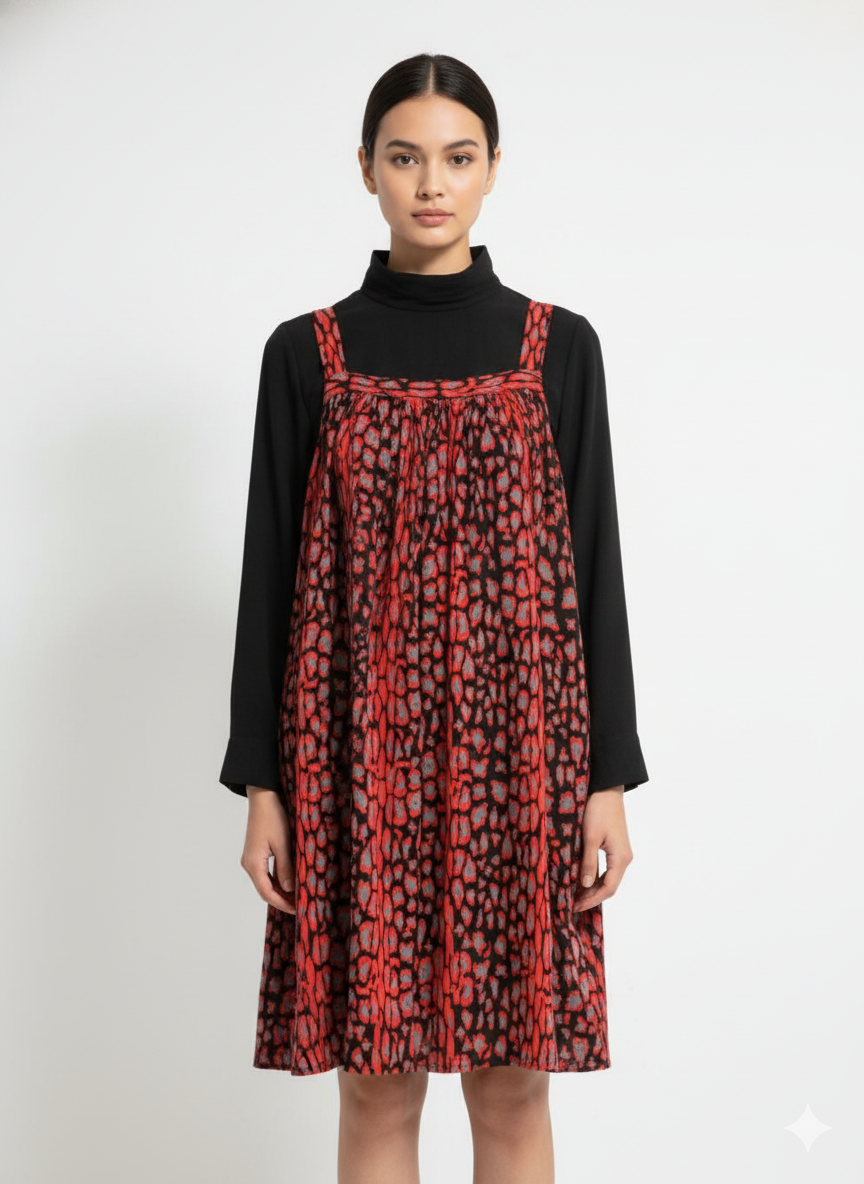Fs44 1049 Red Leopard Print Pinafore Dress with Square Neck and Wide Straps