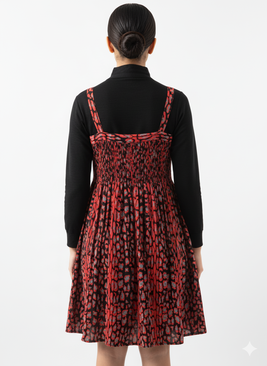 Fs44 1049 Red Leopard Print Pinafore Dress with Square Neck and Wide Straps