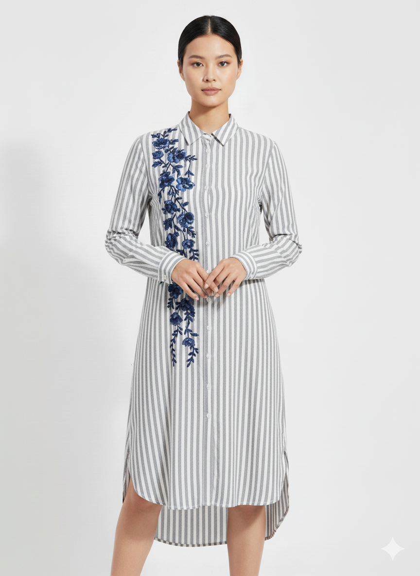 Fs44 1054 Women's Embroidered Floral Shirt Dress | Striped Button-Down Tunic with Hi-Low Hem