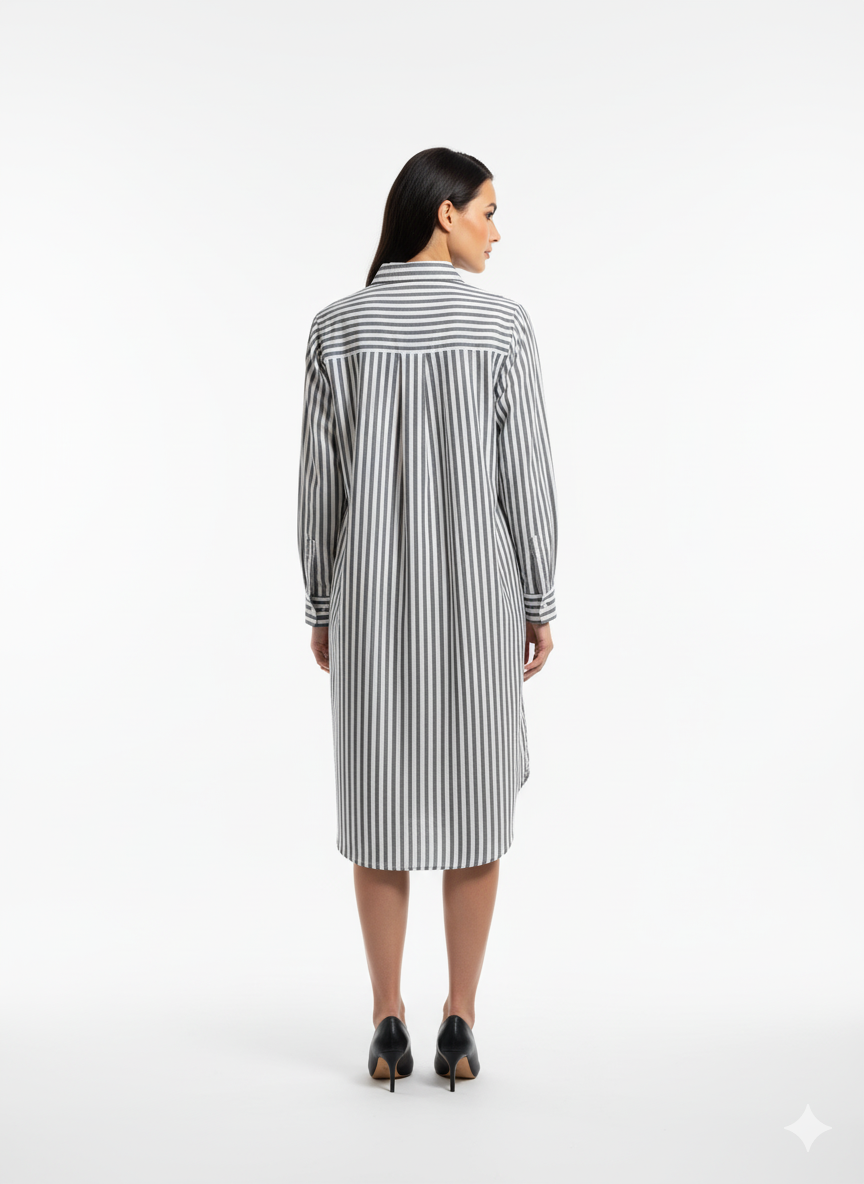 Fs44 1054 Women's Embroidered Floral Shirt Dress | Striped Button-Down Tunic with Hi-Low Hem