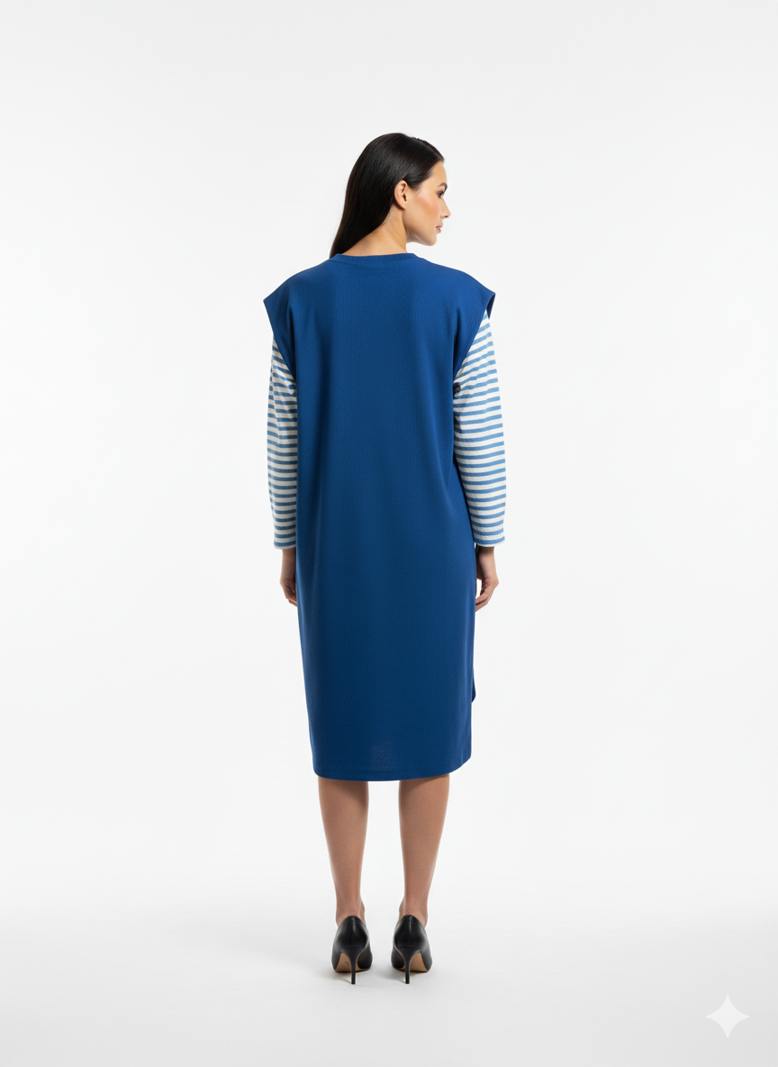 Fs44 1051 Women's Relaxed Fit V-Neck Tunic Dress with Striped 3/4 Sleeves - Blue