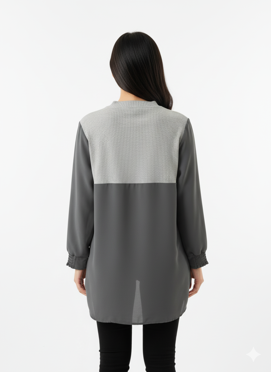 Fs44 1042 Elegant Two-Tone Tunic Top - Relaxed Fit with Textured Yoke