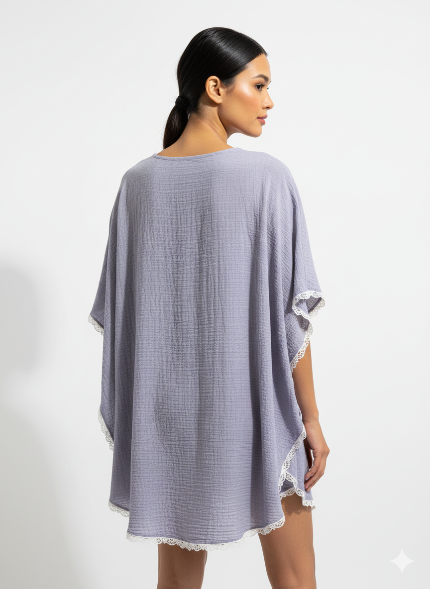 Fs44 1040 Lavender Muslin Cotton Poncho Top with White Crochet Lace Trim