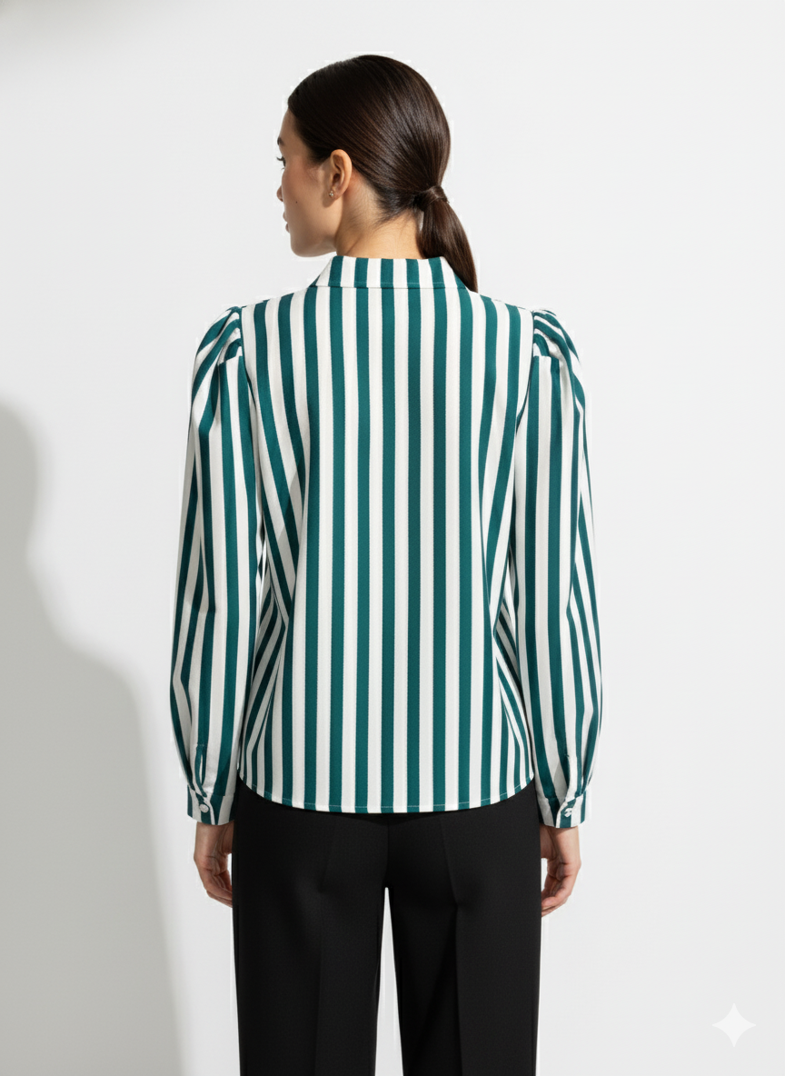 Fs44 1041 Women's Striped Pussy Bow Blouse with Gold Brooch Detail