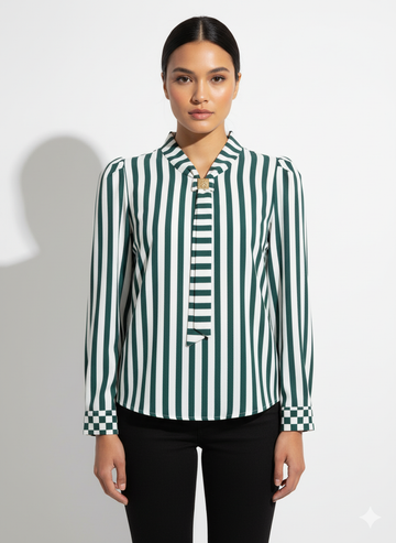 Fs44 1041 Women's Striped Pussy Bow Blouse with Gold Brooch Detail