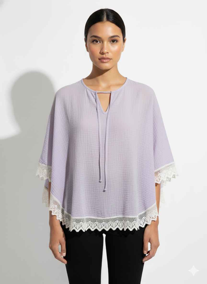 Fs44 1040 Lavender Muslin Cotton Poncho Top with White Crochet Lace Trim