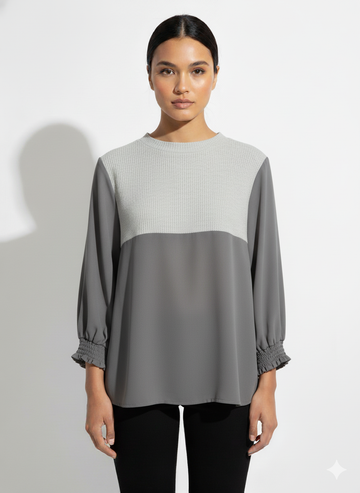 Fs44 1042 Elegant Two-Tone Tunic Top - Relaxed Fit with Textured Yoke