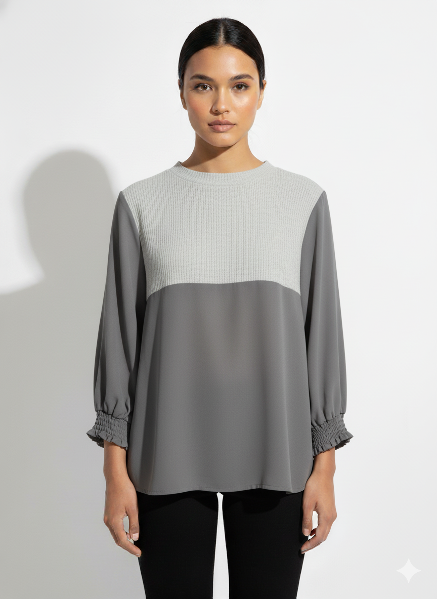 Fs44 1042 Elegant Two-Tone Tunic Top - Relaxed Fit with Textured Yoke