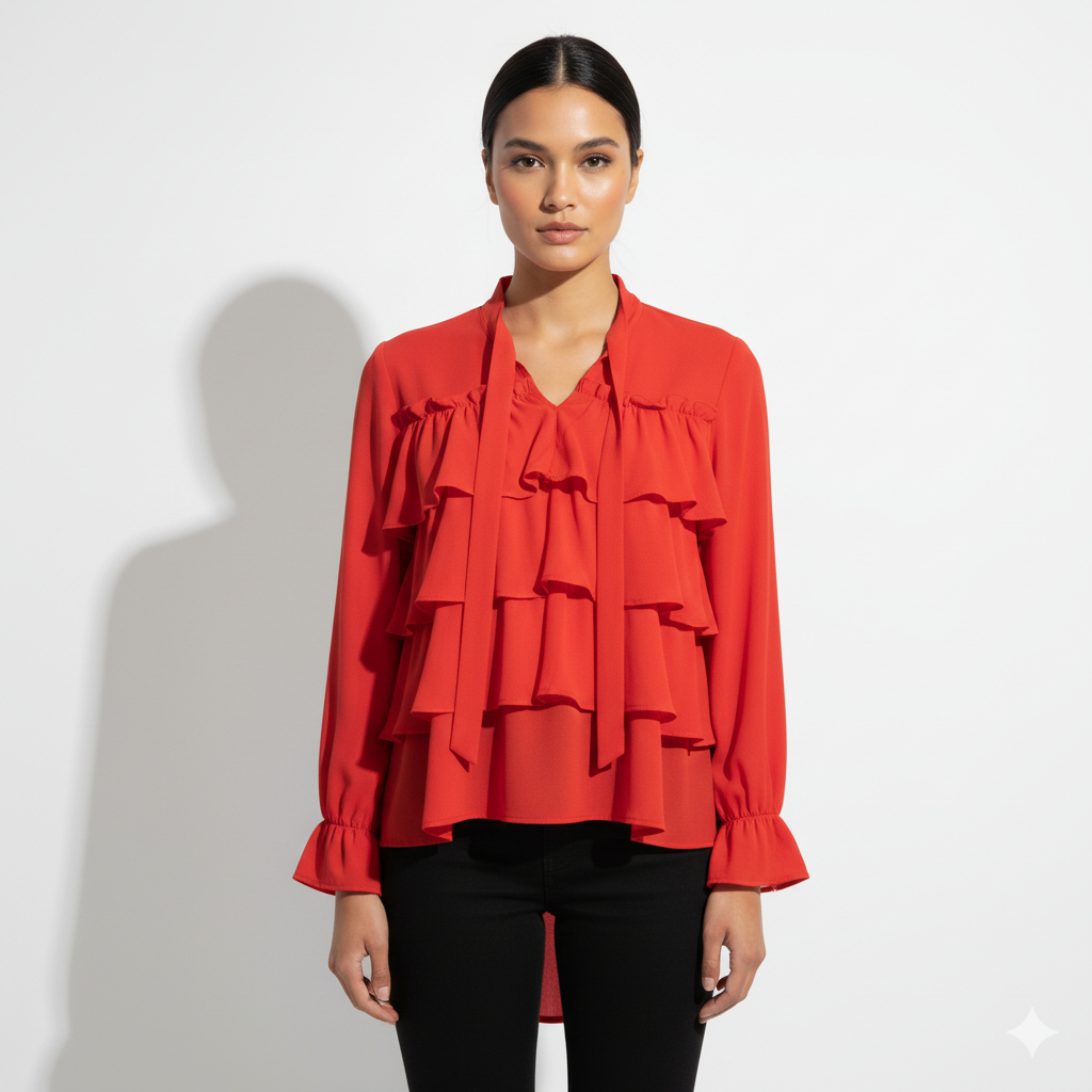 Fs44 1043 Women's Flowing Georgette Ruffle Front Long Sleeve Top