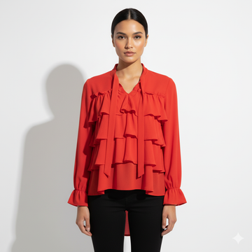 Fs44 1043 Women's Flowing Georgette Ruffle Front Long Sleeve Top