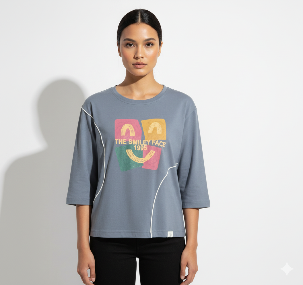 Fs44 1052 Women's Retro Smiley Face Graphic Tee | Contrast Stitch Details | 3/4 Sleeve Top