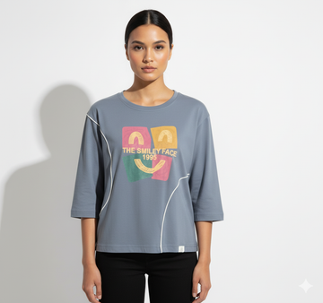 Fs44 1052 Women's Retro Smiley Face Graphic Tee | Contrast Stitch Details | 3/4 Sleeve Top