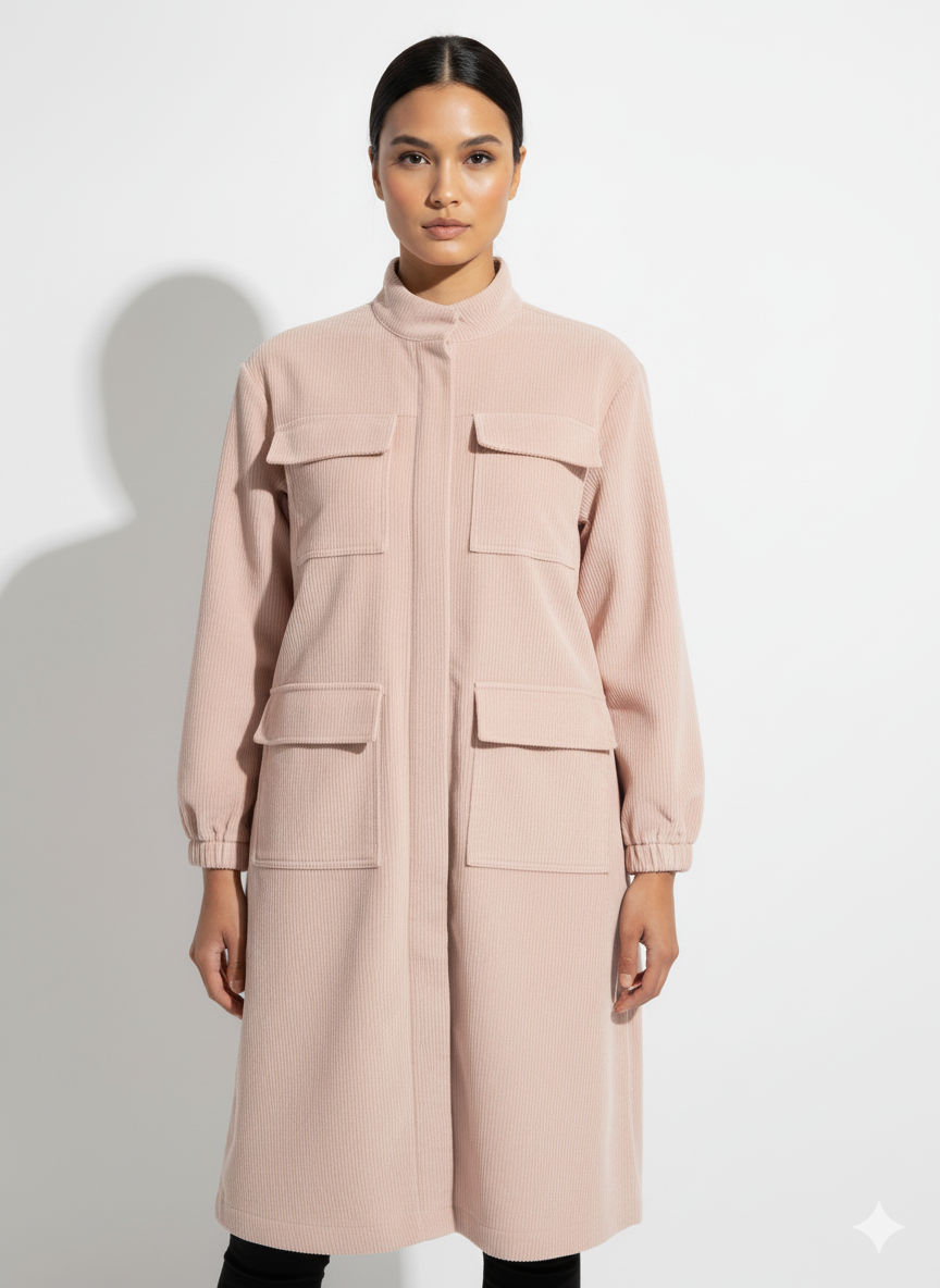 Fs44 1045 Long Corduroy Utility Jacket with Patch Pockets - Blush Pink