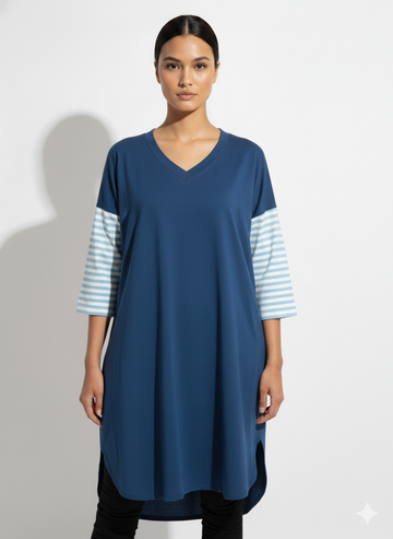 Fs44 1051 Women's Relaxed Fit V-Neck Tunic Dress with Striped 3/4 Sleeves - Blue