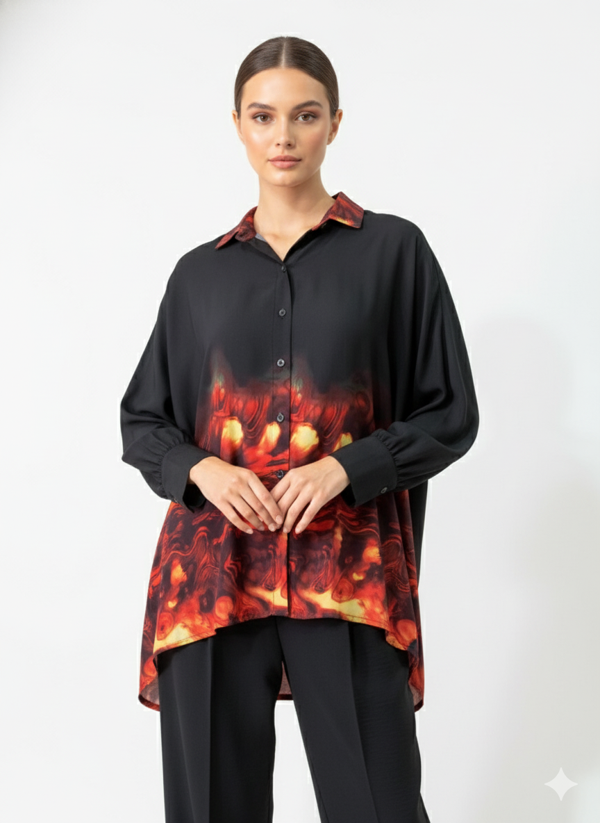 Fs44 1062 Oversized Black Blouse with Fiery Abstract Print