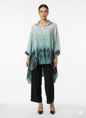 Fs44 1061 Ocean Teal Abstract Dip-Dye Kimono Tunic Top