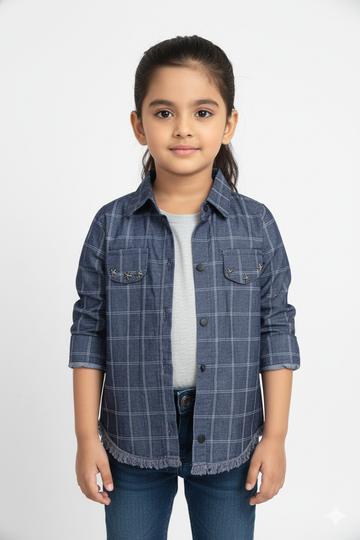 Fs44 1070 Kids' Blue Plaid Denim Shacket with Frayed Hem |