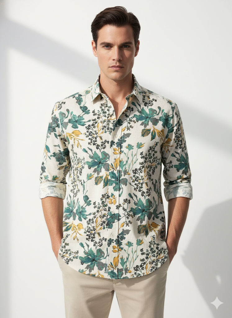 FS44 1093 Men's Lightweight Linen Blend Floral Print Casual Shirt