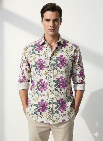 FS44 1093 Men's Lightweight Linen Blend Floral Print Casual Shirt
