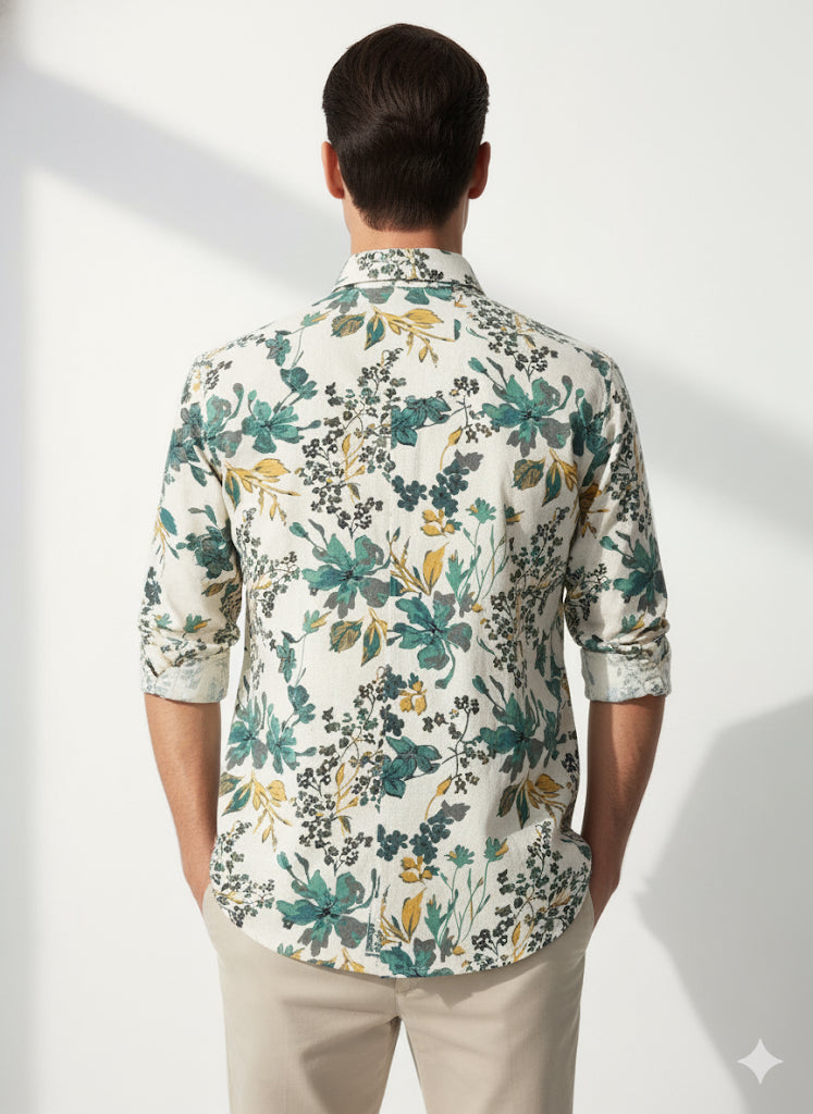 FS44 1093 Men's Lightweight Linen Blend Floral Print Casual Shirt