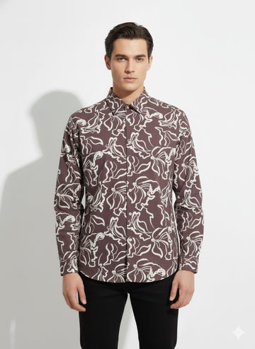FS44 1094 Men's Brown Floral Print Long Sleeve Button-Down Shirt